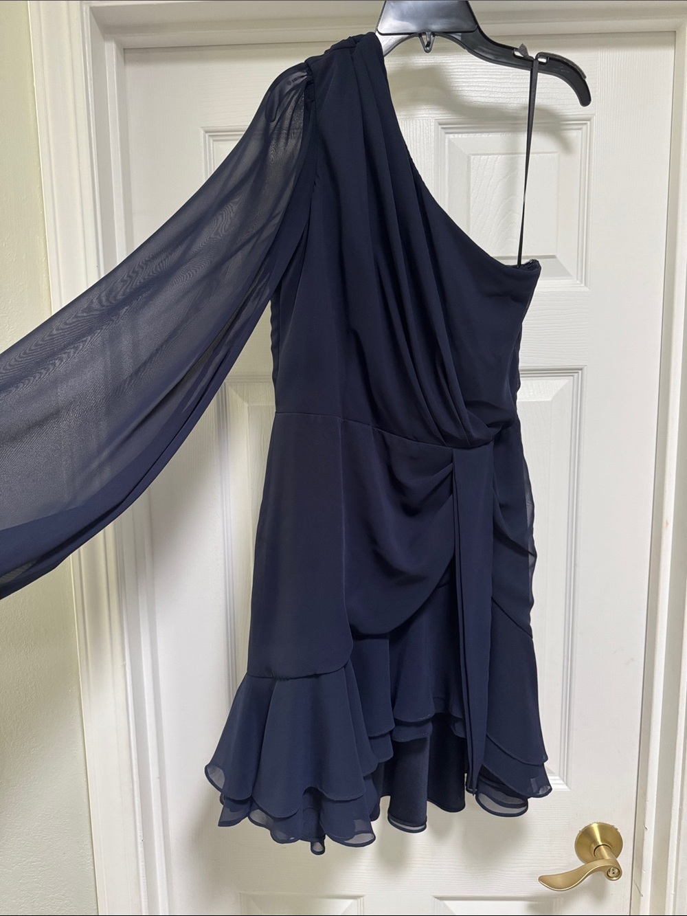 Betsy & Adam Navy One-Shoulder Ruffled Cocktail Dress